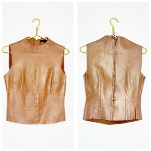 Vintage Y2K Sheri Bodell Tan Leather Zip Back Sleeveless Top Size 4 Euro Chic